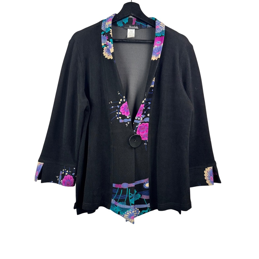 Moonlight Floral Trim Cardigan lagen artsy‎ sz  L Black pink boho floral